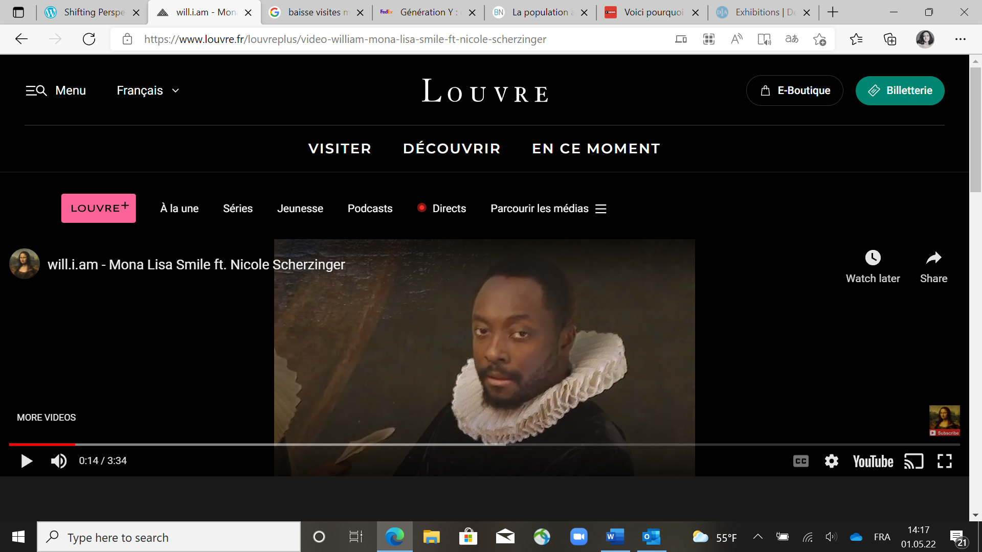 Capture d’écran du clip Mona Lisa par will.i.am, disponible sous sur le portail www.louvre.fr, élément d’un ensemble de supports visant à capter les digital natives, lancés en avril 2016 par le Musée du Louvre. 