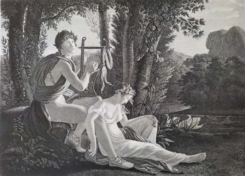 L’origine de la musique, gravure de Jean Marie Gudin d’après Jean-Louis Ducis (XIXe siècle).  La gravure représente Orphée et Eurydice. Orphée joue ici de la cithare (qui, contrairement à la lyre est jouée à deux mains), alors que généralement il est plutôt associé à la lyre.
